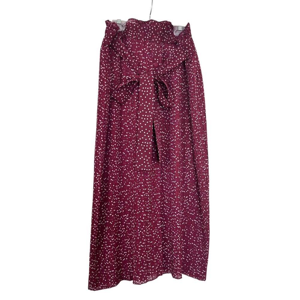 Zara Burgundy Red Polka Dot Print Pleated Tie Waist Maxi Skirt Size XL